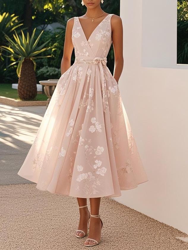 Women's Light Pink Sleeveless Dress with Floral Embroidery and Waist Bow