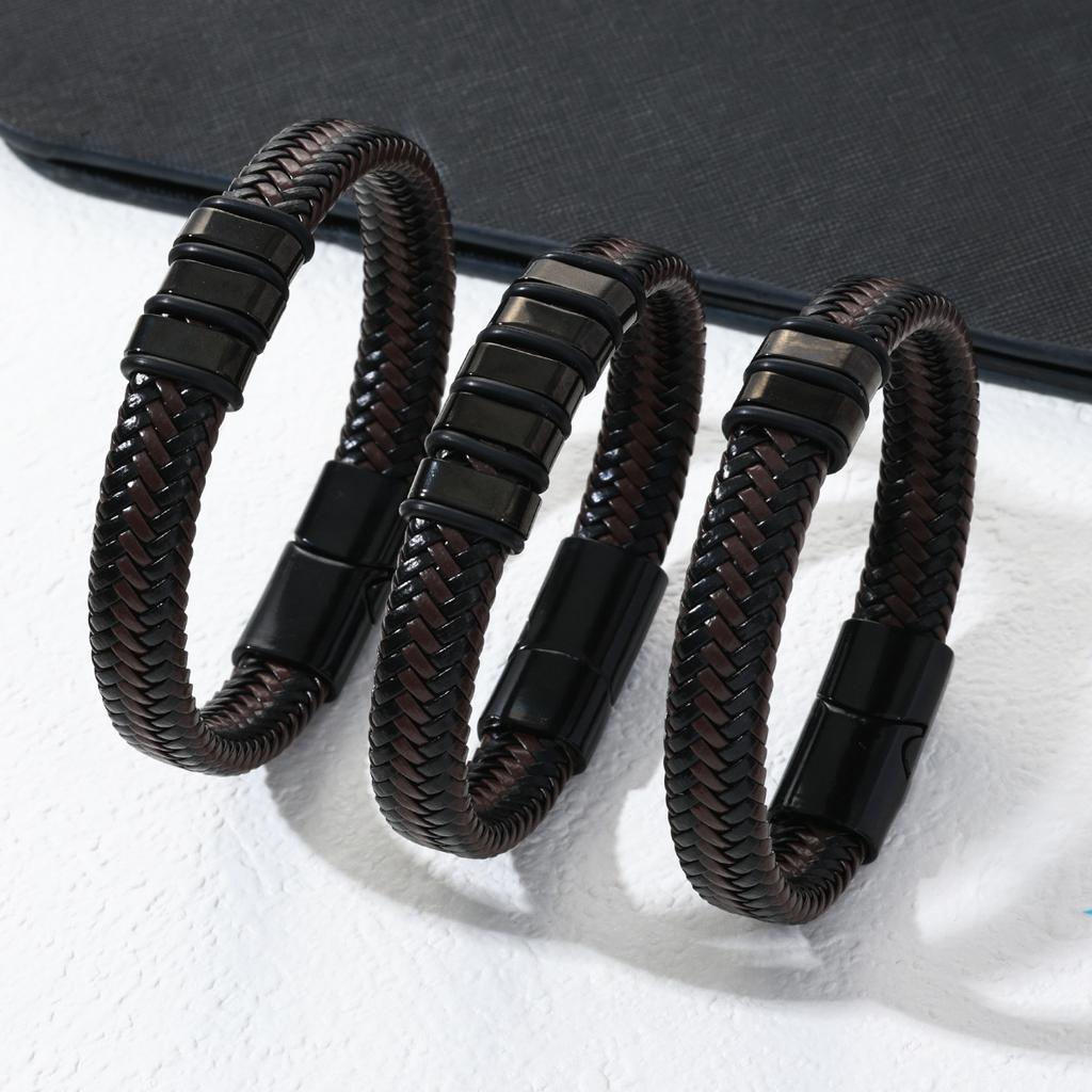 Luxury Punk Mens Double-Row Braided Leather Bracelet Bangle Rope Black Wristband with Stainless Steel Gift for Boy Male Father Jewelry Accessories