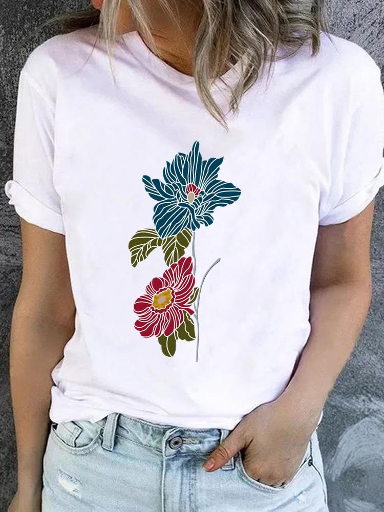 (Asian Size) Lovely Flower Style Casual Short Sleeve T Tee Top Clothing Shirt Women Printed Lady Fashion Female Graphic T-shirts