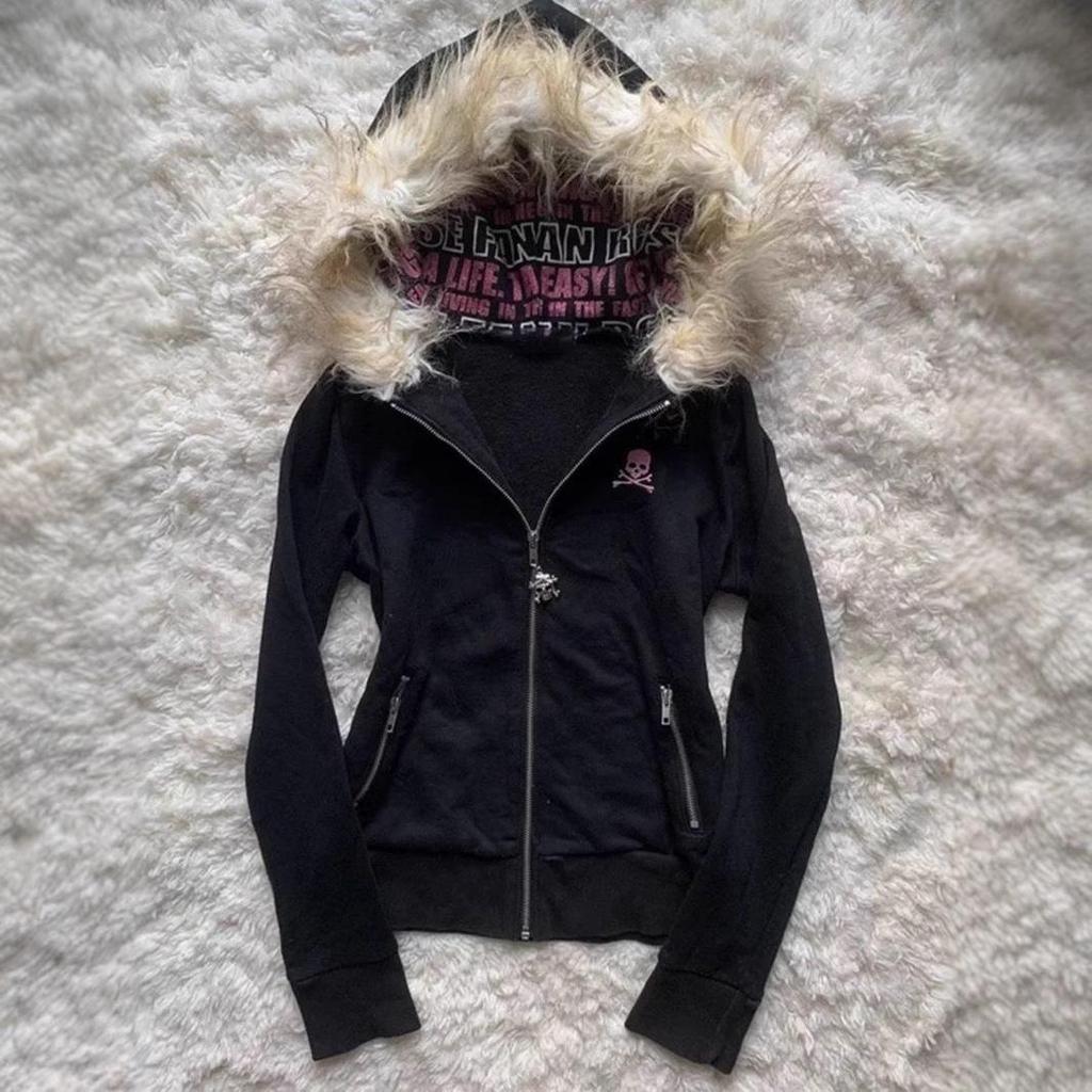 Y2K Kapuzen-Cardigan-Sweatshirt im japanischen Stil mit Buchstabenprint und Pelzkragen