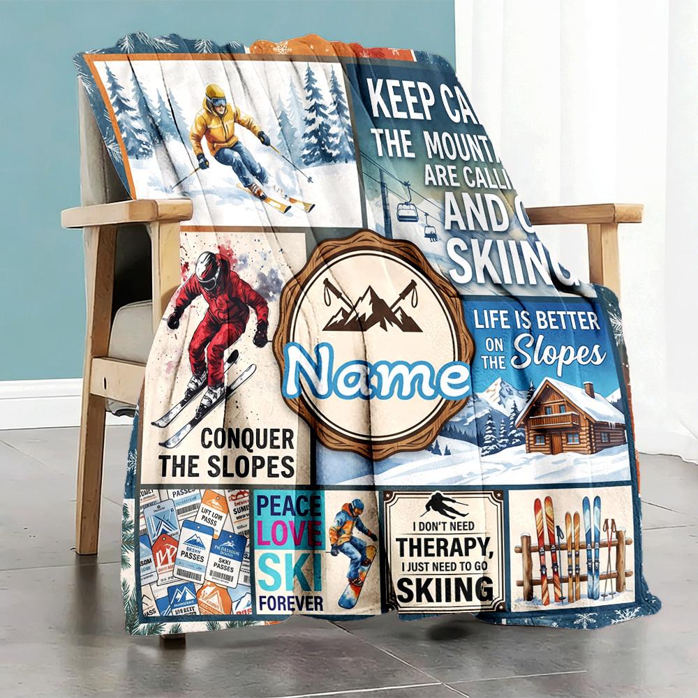 Keep Calm Skiing Theme Customize Your Name Home Blanket S Comfortable Soft Lightweight For All Seasons Use In Picnics Sofas Offices Beds Living Rooms