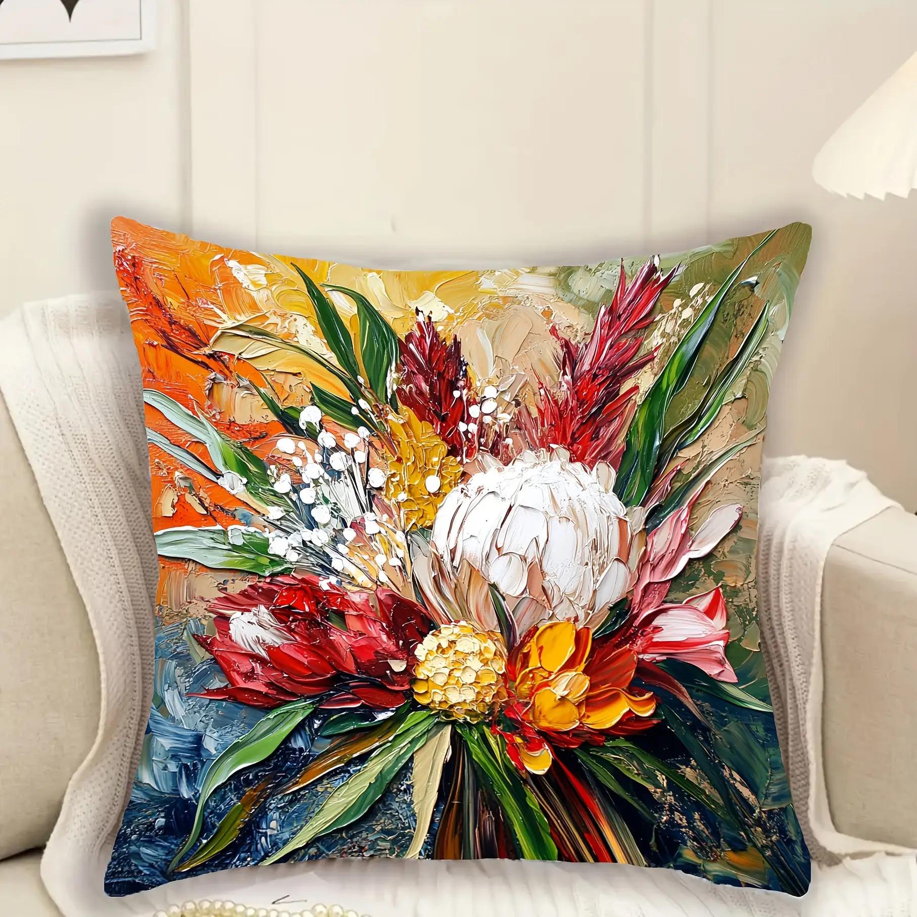 

Double-sided Retro Blue Modern Flower Cushion Short Fluffy Native Flowers Machine Wash Zip Closure Fabric Home and Office Decor