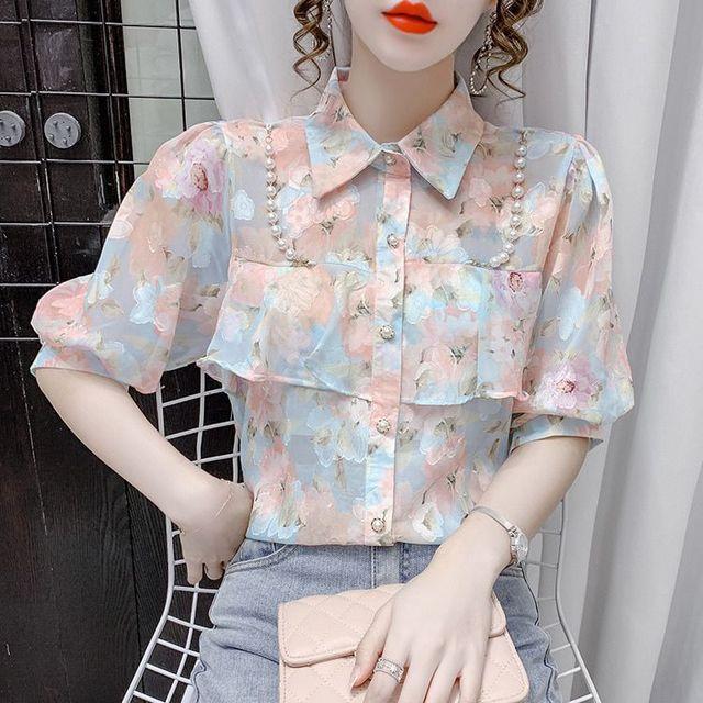 New Summer Pearl Ruffle Edge Floral Chiffon Blouse Sweet Turn Down Collar Floral Short Sleeved Bottoming Shirt