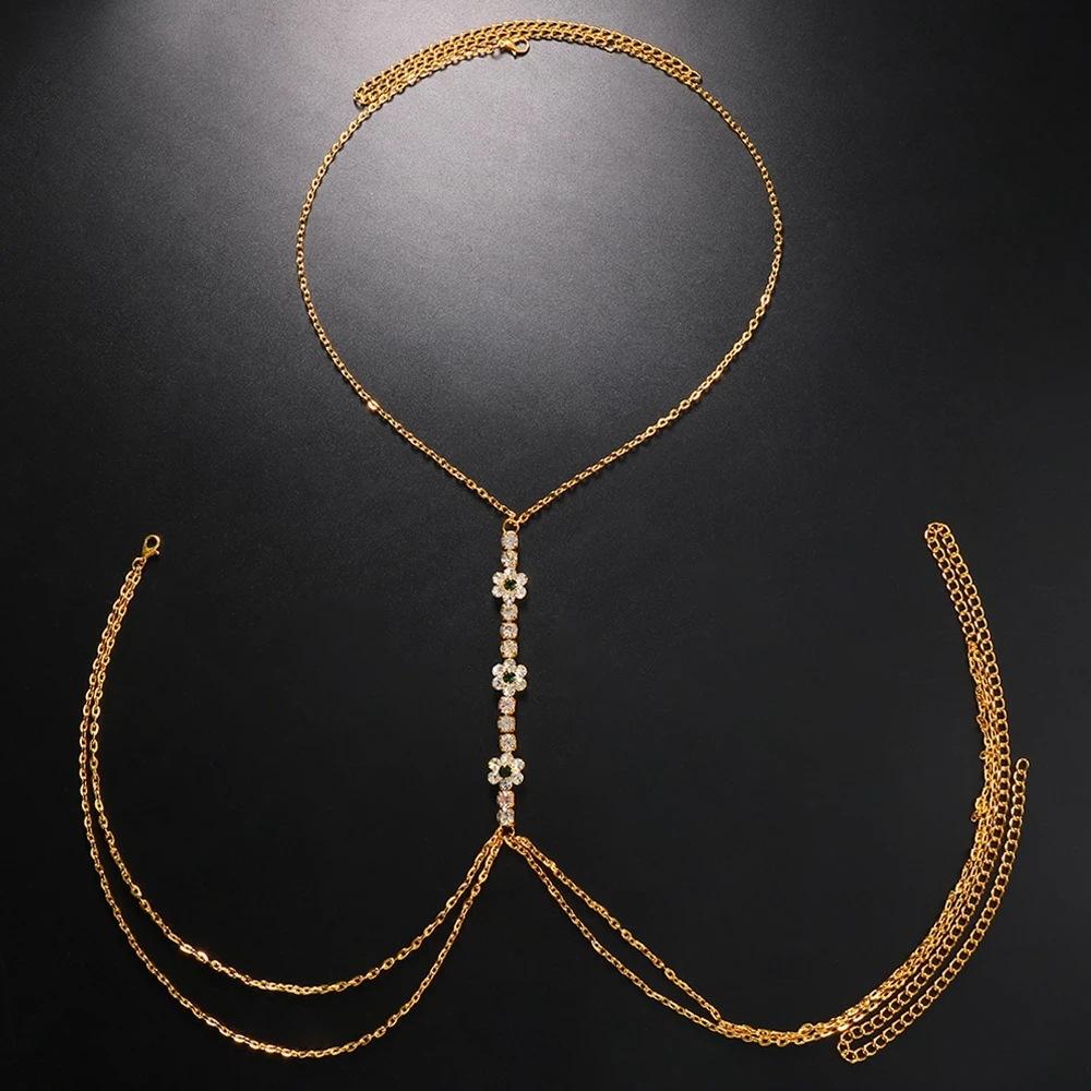 Sexy Rhinestone Chains Chest Chain Harness Waist Chain Breast Belly Body Jewelry Necklace For Women Party Clothing Accessories
