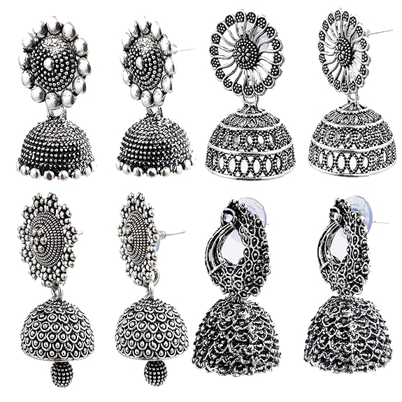 Fashion Latest Traditional Oxidized Silver and Antique Golden Base Metal Dangle and Drop (COMBOs of 4) Jhumki Earrings for Women & Girls