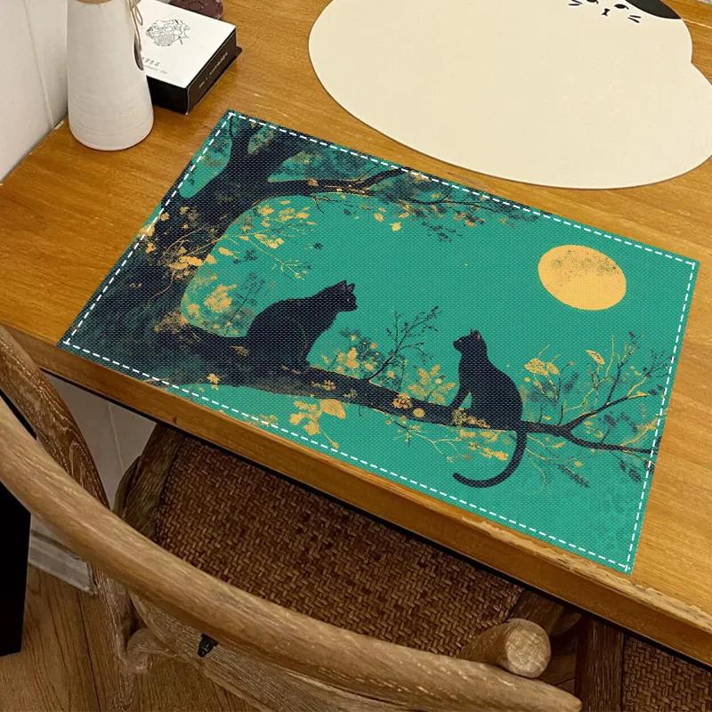 1PC Cartoon Black Cat Print Placemat Dining Table Decor Linen Tableware Coaster Set Kitchen Accessories For Kids Birthday Party