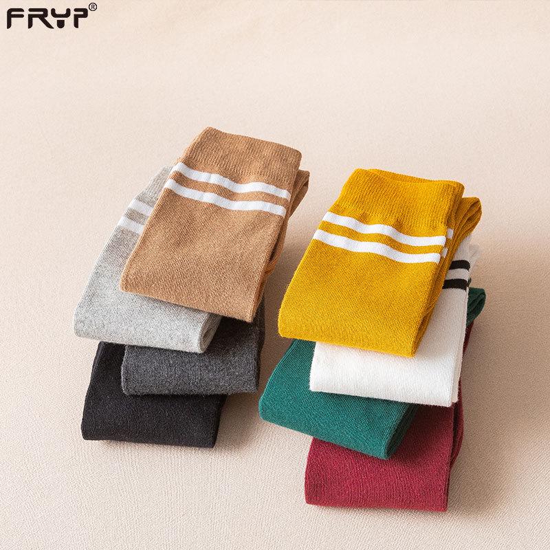 Women's Two-Stripe High Knee Cotton Socks - Black (Spring, Autumn, Winter Fashion)