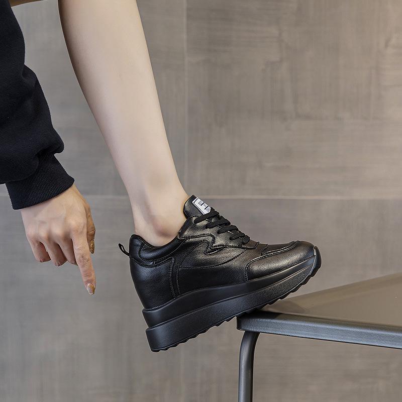 Women's 2025 Spring Height-Increasing White Sneakers - 10CM Thick Sole, Genuine Leather, Casual Sports Shoes