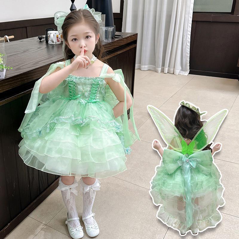 Girls' 2025 Summer Lolita Princess Dress with Stylish Wings - Green Grape Birthday Skirt