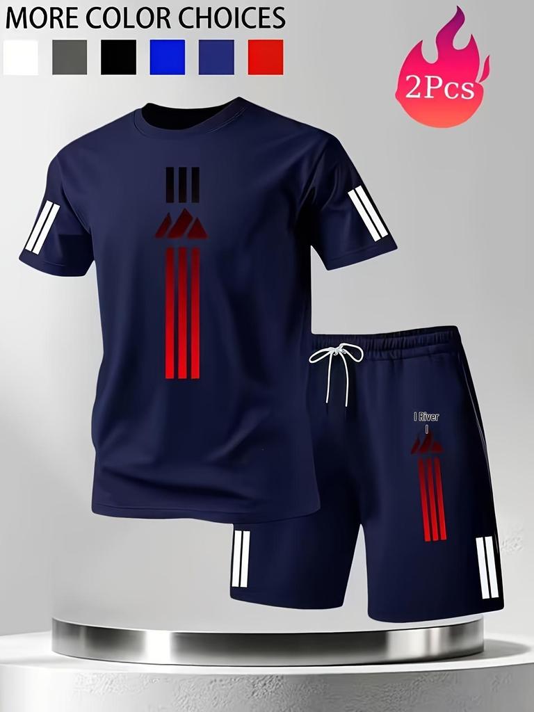 Men's Quick-Dry Mesh Sports Suit: Vertical Stripe Short Sleeve T-Shirt & Shorts Two-Piece