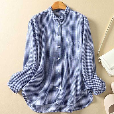 Retro Collar Plaid Single Breasted Long Sleeved Shirt for Women with Spring Design Checkered Blue Top Blouses & Shirts