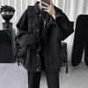 Unisex Black Denim Jacket Oversized Loose Fit Workwear Style Short Cropped Biker Chic Outerwear Casual