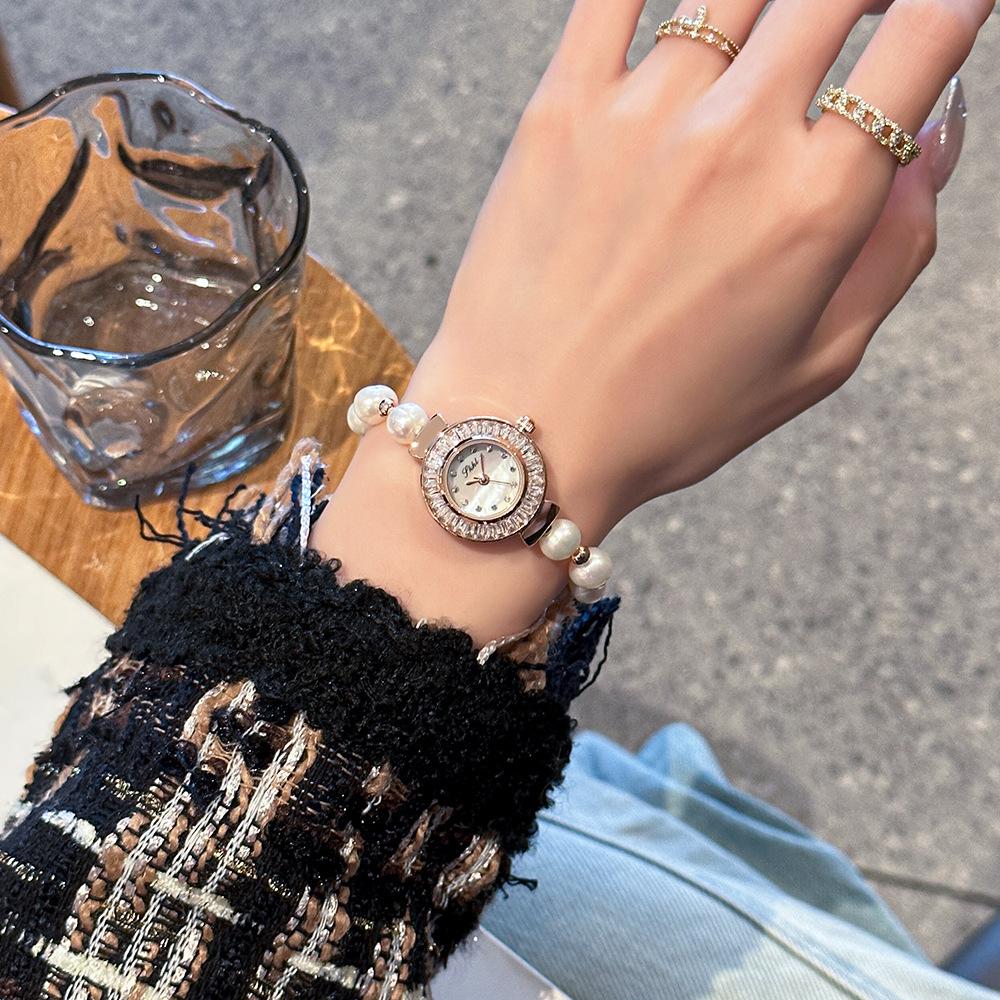 Ceas de damă cuarț elegant cu brățară de perle, nou, elegant, cu stras, cu disc