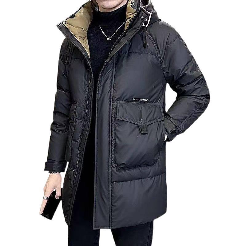 Herren Mittellange Trendige Daunenjacke: Hübscher, Lässiger, Verdickter, Warmer, Kälteschutz, Mit Kapuze, Wintermantel