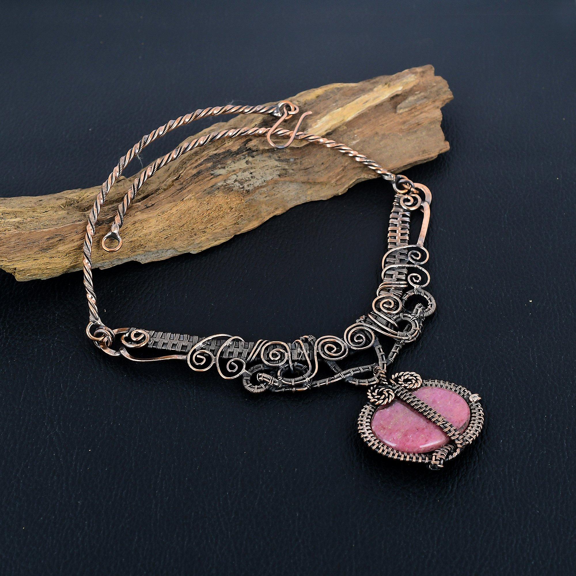 

Thulite 999 Copper Wire Wrapped Necklace with Adjustable Chain, Handmade Gemstone Jewelry Necklace For Memorial Day