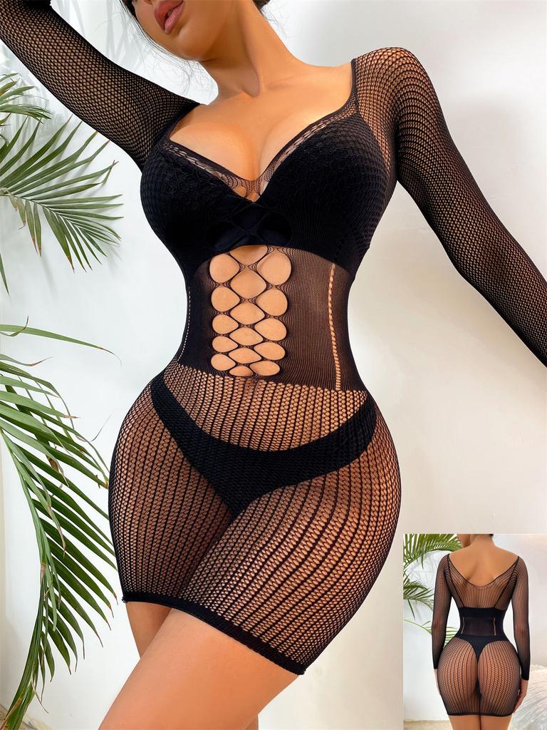 Sexy Red Dress Lingerie Cover Up Fishnet Hollow Out Mesh Perspective Dress Transparent Woman Nightdress Beachwer Party Clothes