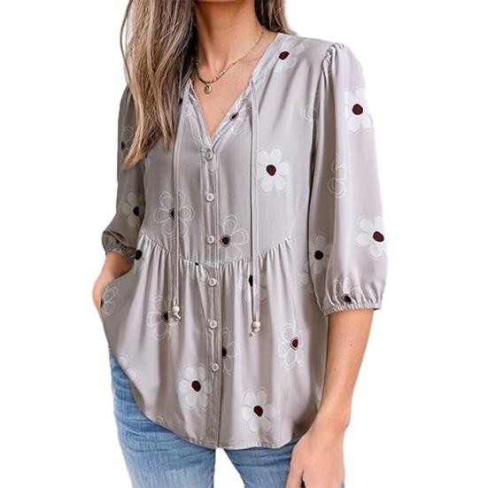 Women Shirt Loose Fit V Neck Printed Button Placket Shirt Tops Half Sleeve Breathable Summer Casual Tops S серый