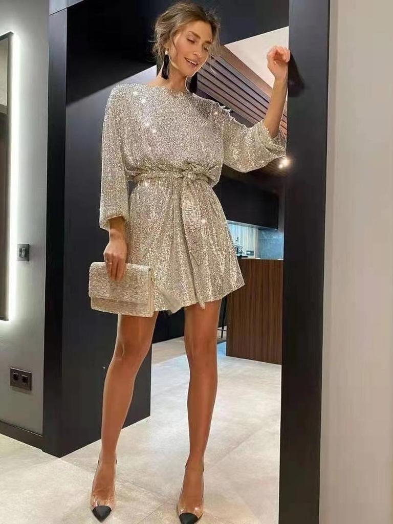 Long Sleeve Sequined Midi Dress for Girls, Waist-Defined Sexy Homecoming/Party Dress, Ins Style