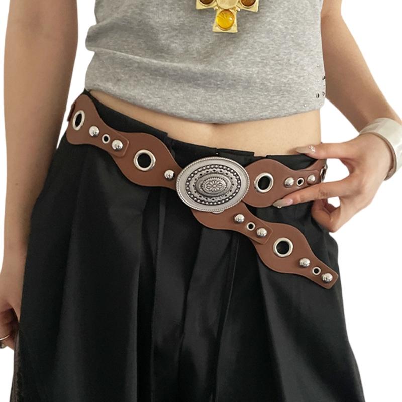 Retro Cowgirl Belt with Studded Detail Adjustable Western Design Sash PU Leather Waist Strap for Women Casual Outfits