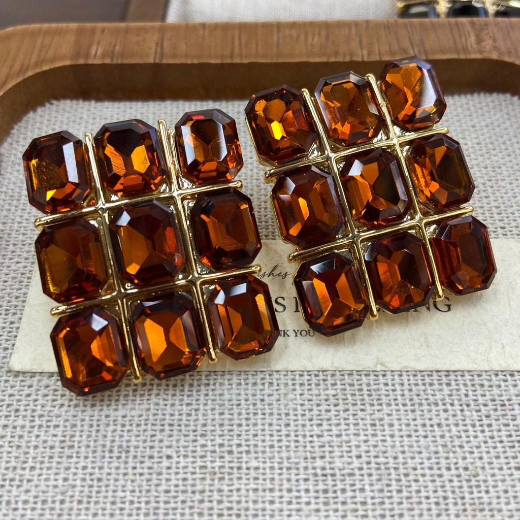 Fashion Retro Style Coffee White Glazed Earrings Jiugongge High-End Sense Medium And Ancient Style Stud Earrings Female