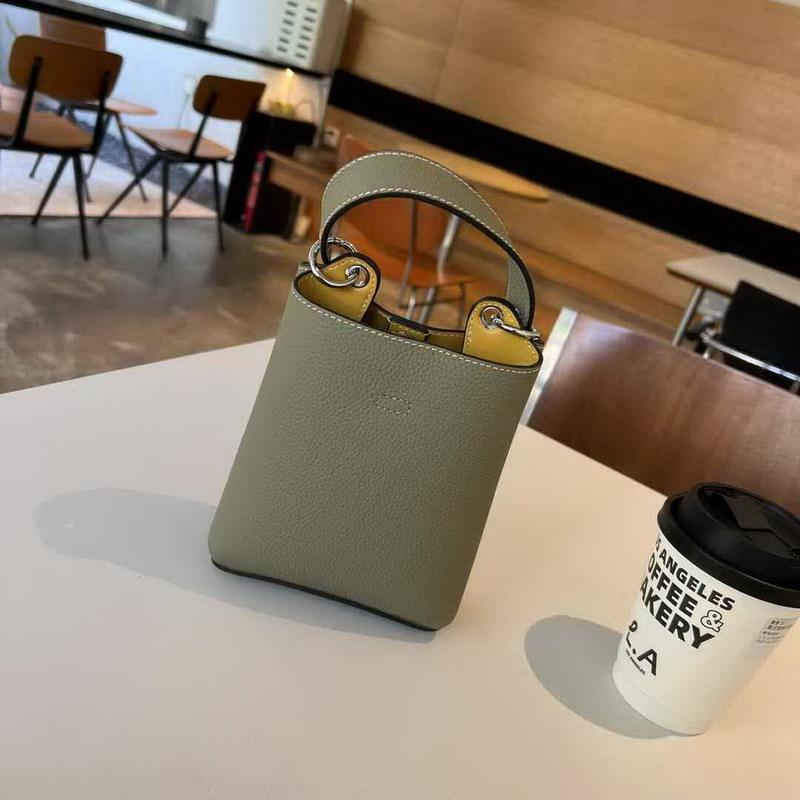 2025 New Genuine Leather Women's Bag Top Layer Cowhide Mini Bucket Bag Color Blocked Tote Phone Bag Hand-held Single Shoulder Diagonal Cross