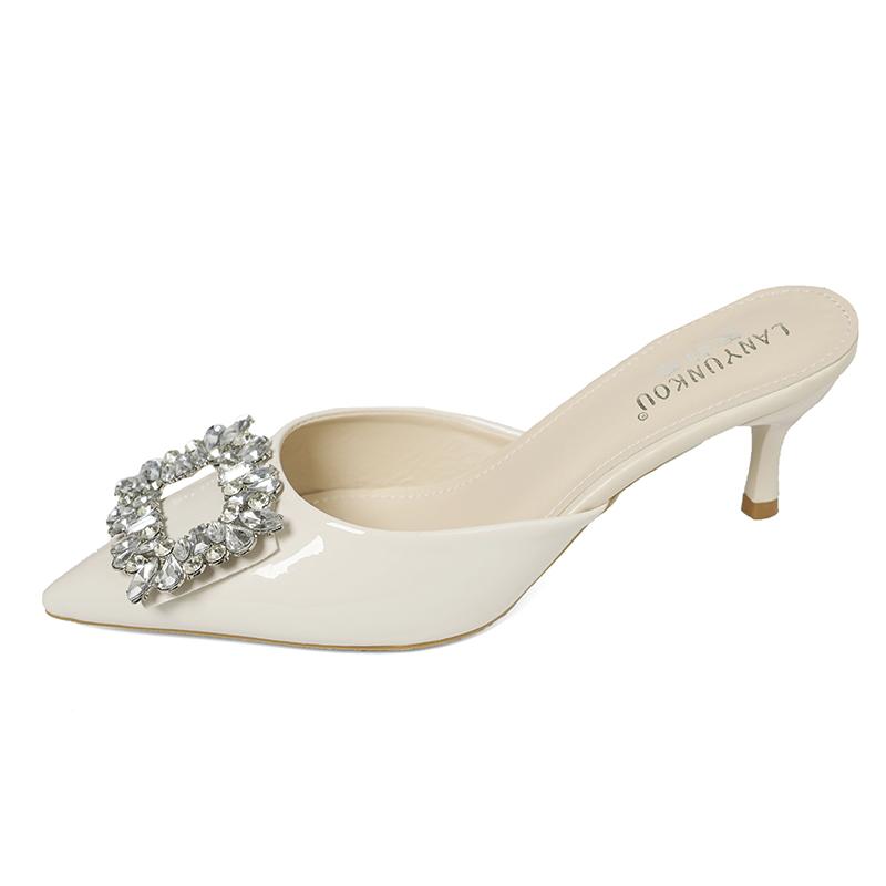 Baotou Semi-slippers Women's Summer Wear Rhinestone Square Buckle Patent Leather Pointed Toe Shallow Mouth Low-heeled High Heels