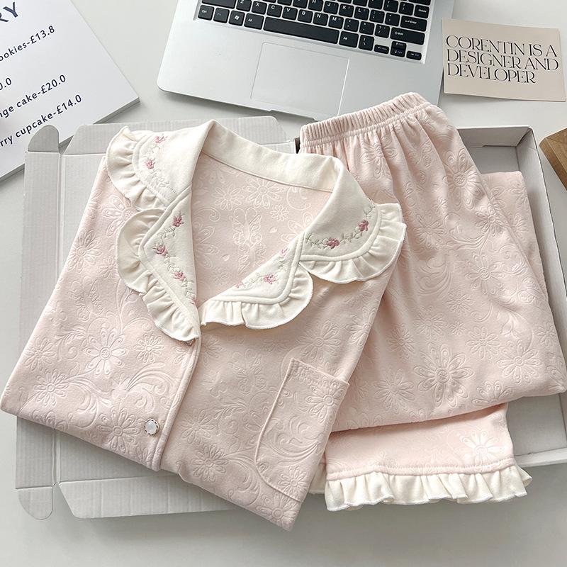 Women's Velvet Jacquard Pajama Set - Autumn/Winter Lapel Design