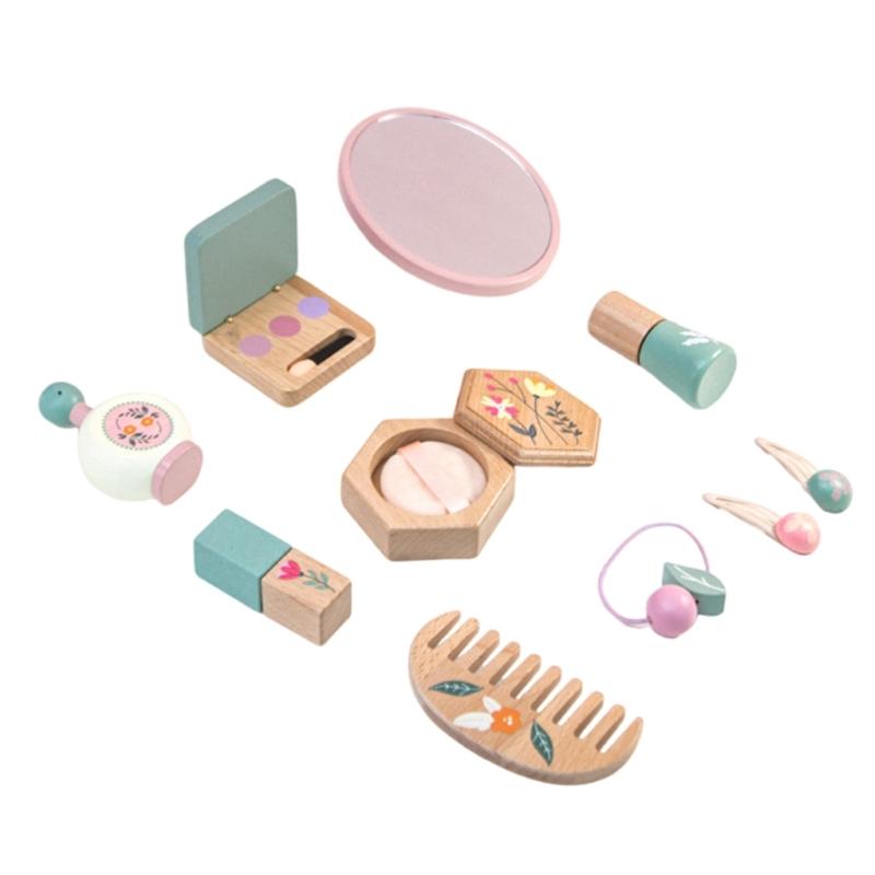 

Creative Role Play Wooden Beauty Set For Kids Girls 3 4 5 Years Old 10Pieces Pretend Makeup Set Includes Brushes Mirror Case 1