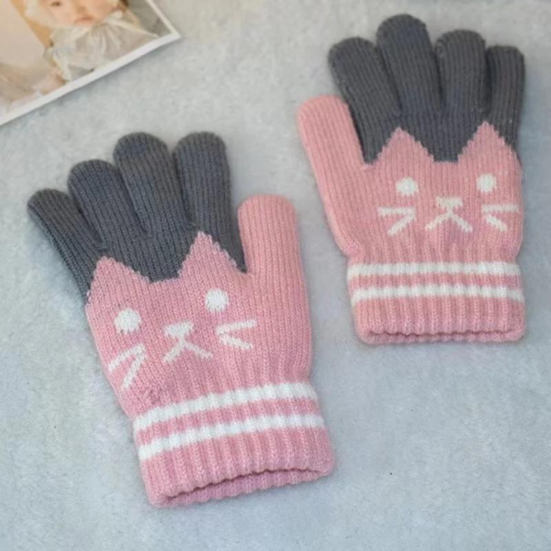Winter Knitted Children's Gloves 4-10 Years Warm Soft Wool Cartoon Cat Kids Gloves Unisex Boys Girls Full Finger Mittens