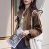Womens Retro Brown Denim Short Jacket Loose Fit Stand Collar Utility Workwear Top 2026 Winter