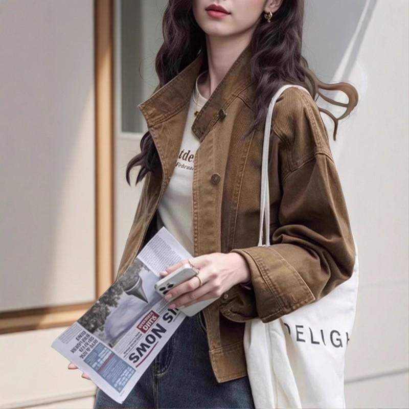 Womens Retro Brown Denim Short Jacket Loose Fit Stand Collar Utility Workwear Top 2026 Winter