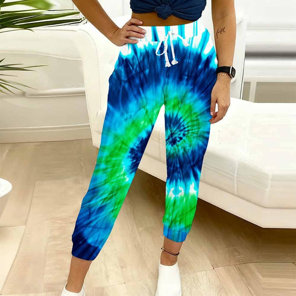 Summer Ladies Color Vortex Tie Dyeing Printed Sweatpants Loose Fit Drawstring Joggers Elastic Cuff Daily Casual Pants