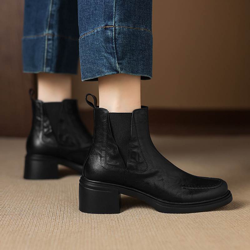 Krazing Pot Sheepskin Round Toe Thick Heels Chelsea Boots Size 42 High Quality Women Keep Warm Ankle Boots