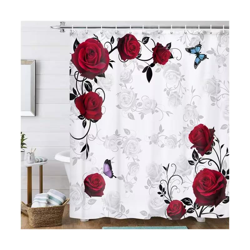 VIKAMA Classic Rose Butterfly Waterproof Shower Curtain Wet and Dry Separation Bathroom Partition Curtain Home Decor