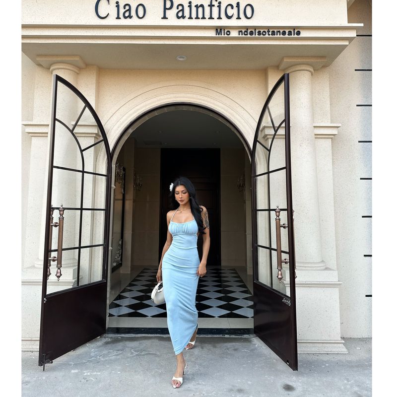 

[Mi Mijia] Falling Cherry Blowing Snow European and American Gyaru Temperament Sexy Slimming Waist Hugging Hanging Neck Dress 25/Y587 baby Blue L