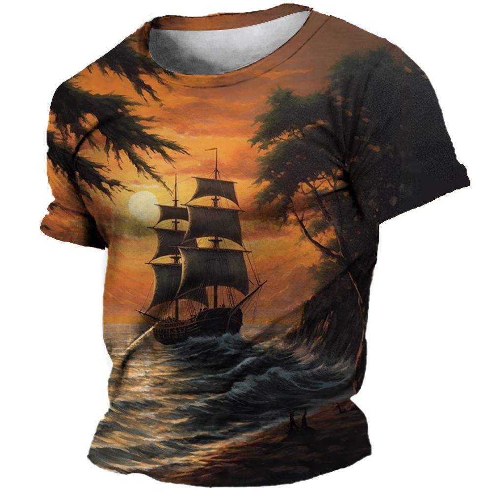 Vintage T-Shirts Guitar Sailboat 3D Printed Streetwear Men Short Sleeve T Shirt