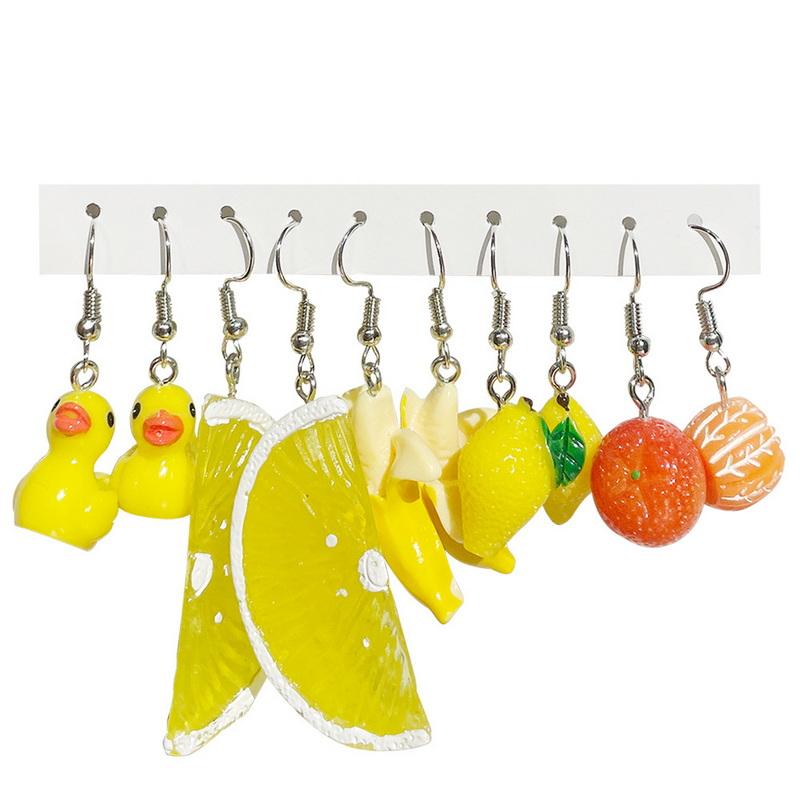 5pcs Fruit Candy Hoop Earrings Set for Women Cute Cartoon Pendant Piercing Ear Stud Drop Dangle Earring 2024 Jewelry Accessories