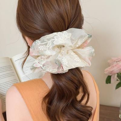 Hair Tie Embroidery Flower Pattern Mesh Yarn Large Hair Scrunchy Soft