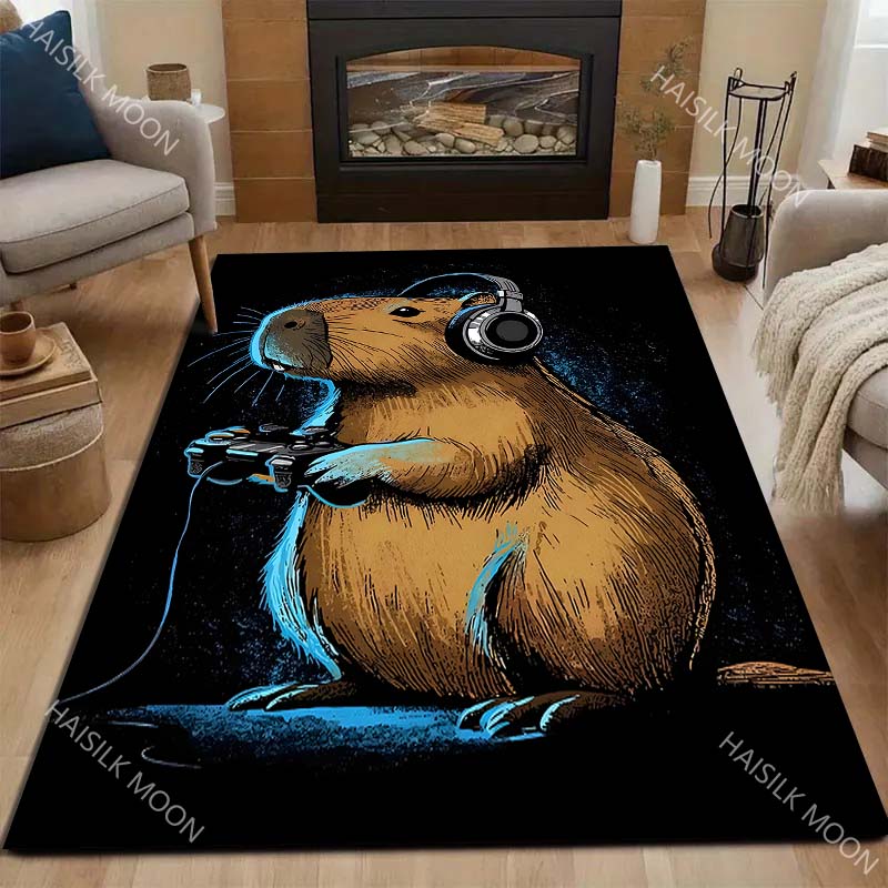 1PC Capybara gaming with headphones Carpet for Living Room Bedroom Sofa Home Decor Rus Non-slip Floor Mat Luxury Gift