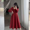 Hepburn-Style Retro V-Neck Black Dress for Women, 2025 Spring/Autumn, Long Over-the-Knee Length