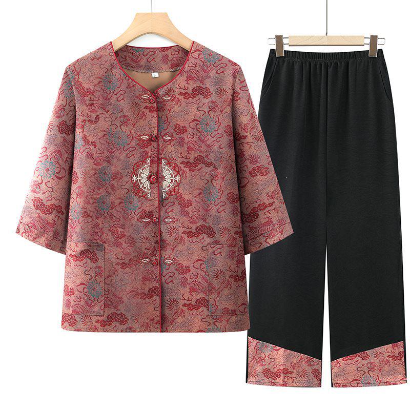 

Chinese Style Plus Size Tang Suit: Summer Seven-Sleeve Two-Piece Set for Elderly Women 5XL [For 145-160 kg]