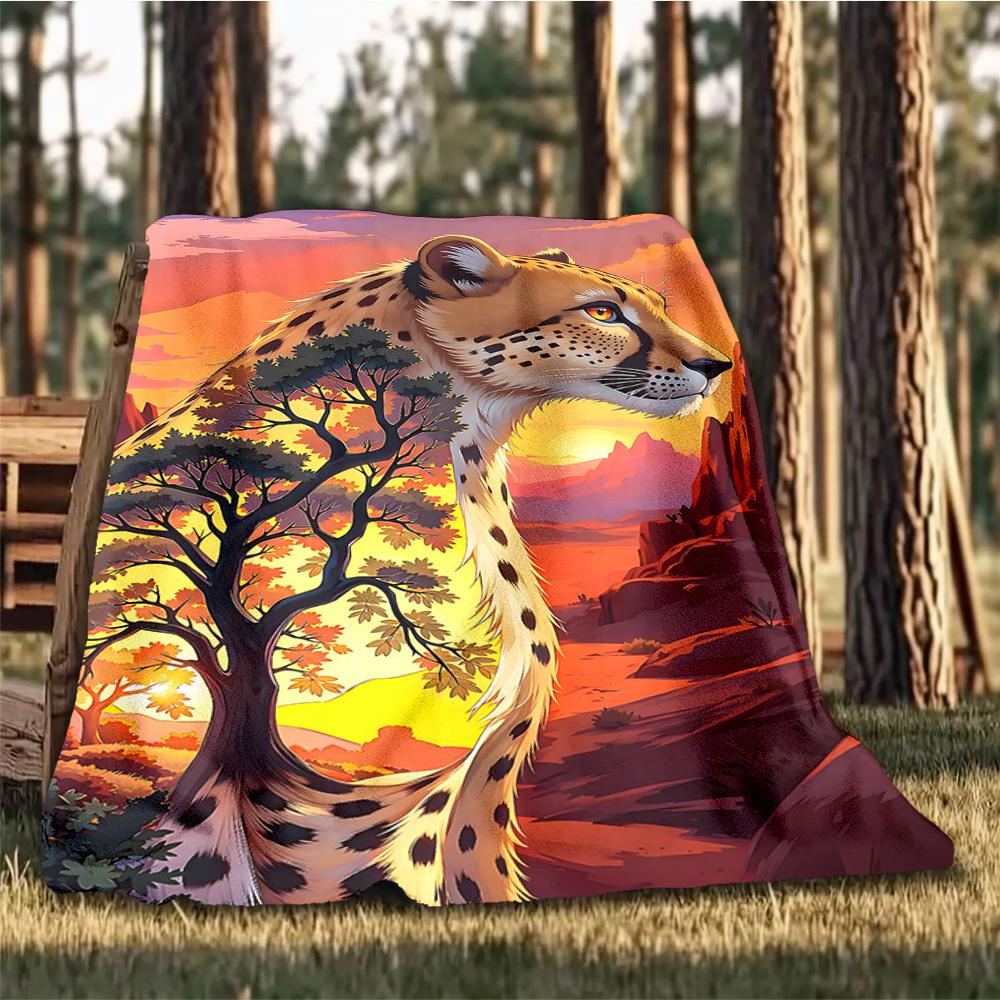 1pc Cheetah Print Throw Blanket Polyester Fiber, Lightweight Flannel, Soft & Warm, All Season Use for Outdoor, Camping Digital Print