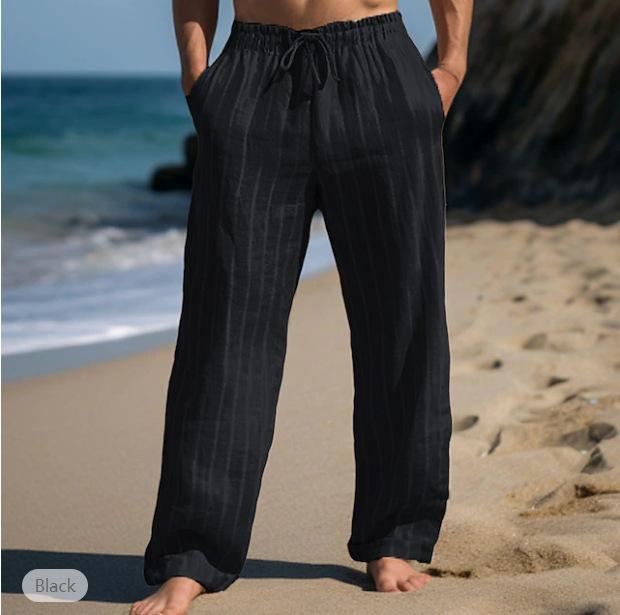 Autumn Men's Linen Trousers Summer Trousers Drawstring Elastic Waist Straight Stripes Comfortable Breathable Outdoor Daily