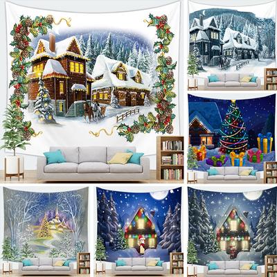 Christmas Tree Snowman Tapestry Wall Hanging Natural Snow Scene Cartoon Oil Painting Aesthetics Room Hippie Home Decor