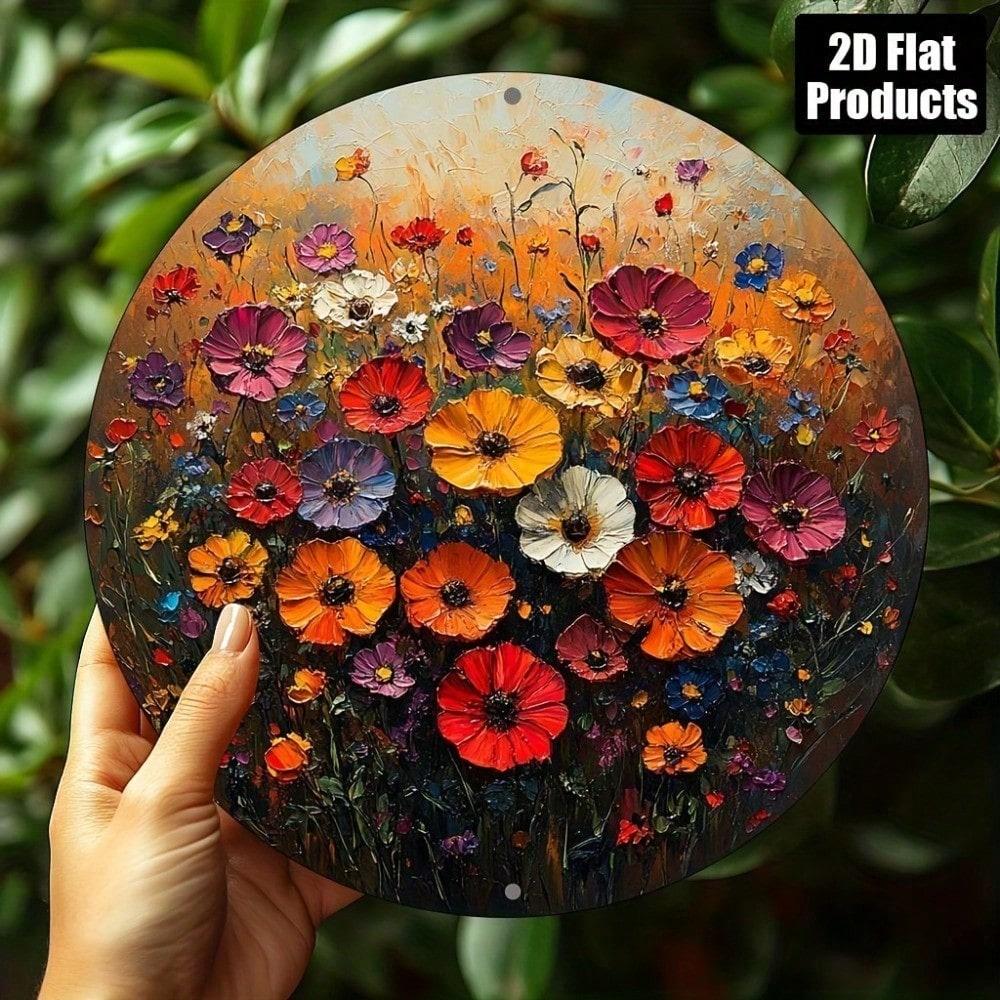 3D Metal Wildflower Wall Art 8x8 Inch Round Aluminum Sign 2D Floral Plaque for Home Kitchen Decor Cafe Office