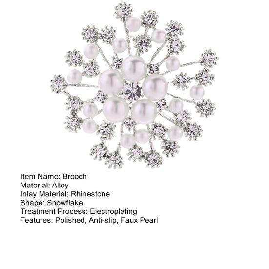 Women Brooch Snowflake Shape Rhinestone Faux Pearl Decor Anti-slip Wear-resistant Suit Coat Collar Hat Scarf Decoration