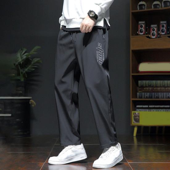 Men Spring Fall Pants with Side Pockets Drawstring Elastic Waist Wide Leg Thin Slacks Solid Color Loose Street Style Sport Trousers for Daily Wear