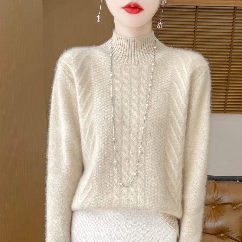 2025 Women's Wool Jacquard Pullover: Cozy Half-High Neck Sweater with Long Sleeves and Age-Reducing Design.