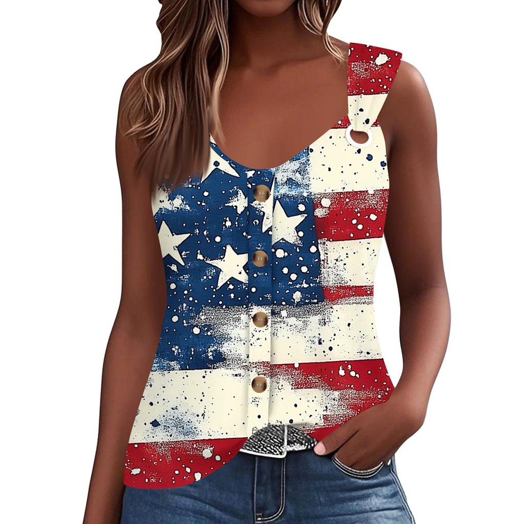 Women's Fashion Casual Loose Sleeveless Buttoned V-Neck Independence Day Printed T-Shirt Top