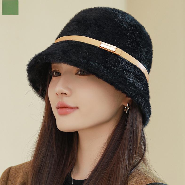 

Удосконалена жіноча осінь-зима шапка-басейн з пряжкою на поясі з хутром норки Корейський елегантний темперамент богині, суцільний колір, тепла шапка рибалки M（56-58cm）